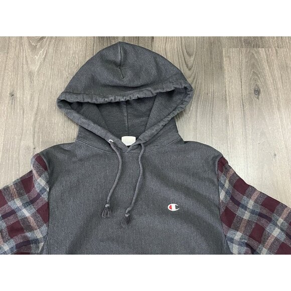 Champion Sweatshirt Plaid Flannel Sleeves Hoodie Gray Reverse Weave Mens Small - Picture 2 of 8